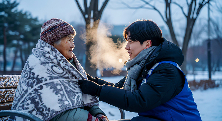 JPG 편집이미지 노년 겨울 벤치 모션 따뜻함 대화 사람 청년 만남 호흡 담요 기부 온기 의료성형뷰티 편집실사 AI인물포토 AI콘텐츠 계절 컨셉 의자 말하기 성인 CG 파일형식 AI포토