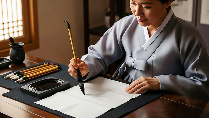 JPG 편집이미지 문자 한국전통 남자 종이 문화 예술 서예 도구 기록 붓 작가 먹 집중 의료성형뷰티 편집실사 AI인물포토 AI콘텐츠 직업 전통 컨셉 한국 사람 CG 파일형식 AI포토