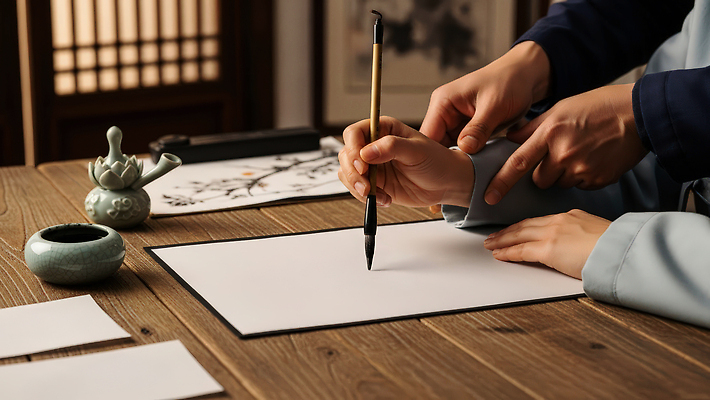 JPG 편집이미지 전통 손 종이 문화 예술 탁자 서예 두명 펜 도구 붓 도움 먹 연습 준비 그림 의료성형뷰티 편집실사 AI인물포토 AI콘텐츠 한국전통 가구 컨셉 사람 신체부위 필기구 CG 파일형식 AI포토