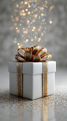 JPG 편집이미지 리본 바닥 기념 선물 이벤트 장식 반짝임 상자 축제 기쁨 금색 흰색 축하 입자 수여 이미지편집 AI컴퓨터그래픽 AI콘텐츠 감정 컬러 컨셉 모션 파일형식