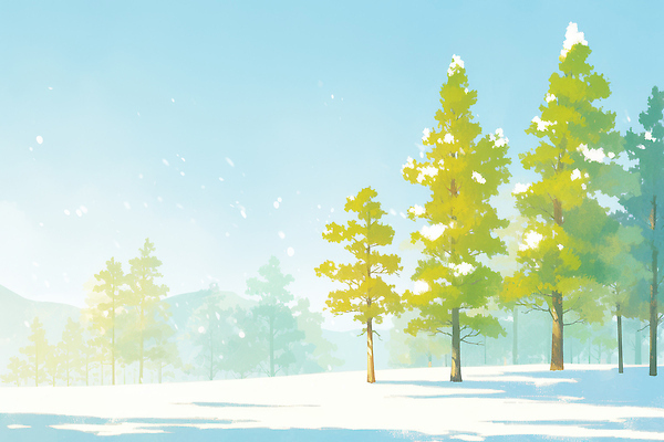 JPG 나무 계절 잎 겨울 일러스트 자연 하늘 바람 날씨 산 밝음 풍경 초록색 세계 흰색 차가움 숲 조용 채색 국내일러스트 AI일러스트 AI콘텐츠 자연요소 식물 컬러 미술 생태계 파일형식