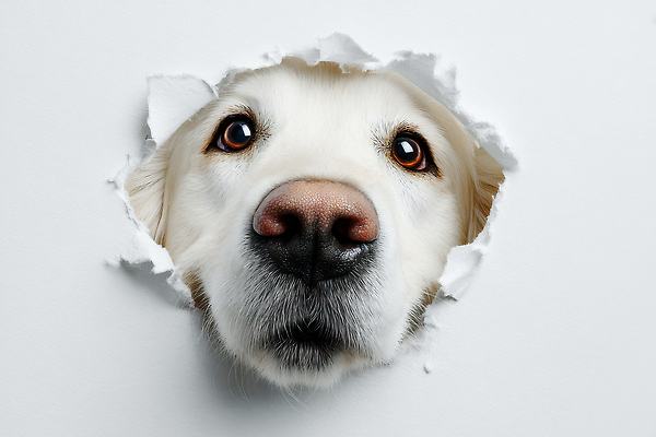 JPG 동물 편집이미지 시선 얼굴 벽 따뜻함 표정 반려동물 흰색 구멍 개 강아지 호기심 장면 주목 편집실사 AI컴퓨터그래픽 AI콘텐츠 감정 컬러 컨셉 포유류 신체부위 CG 파일형식