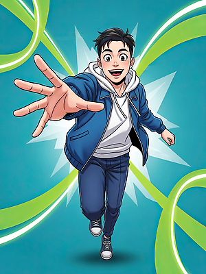 JPG 캐릭터 손 디자인 상징 포즈 백그라운드 일러스트 소년 그래픽 청춘 달리기 활발 기쁨 에너지 표현 즐거움 청록색 국내일러스트 AI일러스트 AI콘텐츠 남자 감정 어린이 컬러 컨셉 모션 신체부위 파일형식