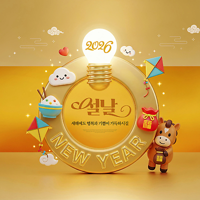 PSD 동물 편집이미지 디자인 행복 전구 새해 웃음 장식 설날 기쁨 금색 달력 원형 풍선 색채 2026년 이미지편집 도형 명절 감정 컬러 표정 연도 파일형식