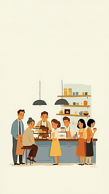 감정 음료 음식 가구 다수 컨셉 말하기 사람 상점 파일형식 카페 대화 직원 고객 소통 여러명 주문 빵집 탁자 오후 만남 전시 커피 디저트 즐거움 모션 일러스트 국내일러스트 JPG