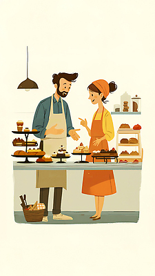 JPG 일러스트 디저트 친절 대화 일상 판매 제과 과자 케이크 상점 전시 빵집 환대 고객 직원 제빵 쇼케이스 국내일러스트 AI일러스트 AI콘텐츠 음식 컨셉 말하기 라이프 제과제빵 진열장 파일형식