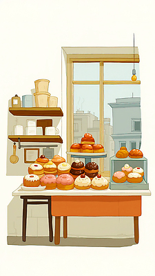 JPG 디자인 음식 빵 컬러 일러스트 창문 디저트 조명 풍경 내부 과자 상점 식사 전시 빵집 음반 컵케이크 천장 크림빵 국내일러스트 AI일러스트 AI콘텐츠 음악 케이크 파일형식