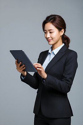 JPG 편집이미지 여자 백그라운드 모션 기술 표정 미소 정장 태블릿 디지털 스크린 업무 비즈니스우먼 집중 의료성형뷰티 편집실사 AI인물포토 AI콘텐츠 옷 컨셉 비즈니스 사람 전자제품 스마트기기 작업 직장인 CG 파일형식 AI포토