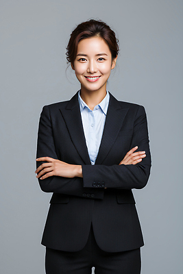 JPG 편집이미지 옷 여자 포즈 백그라운드 비즈니스 직장 서기 미소 웃음 정장 카메라 팔짱 비즈니스우먼 의료성형뷰티 스타일 편집실사 AI인물포토 AI콘텐츠 회사 모션 표정 사람 전자제품 직장인 CG 파일형식 AI포토