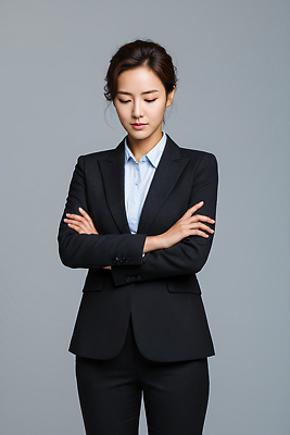 JPG 편집이미지 응시 여자 백그라운드 비즈니스 커뮤니케이션 표정 서기 정장 팔짱 회색 기록 비즈니스우먼 이미지 의료성형뷰티 편집실사 AI인물포토 AI콘텐츠 시선 옷 컬러 모션 사람 직장인 CG 파일형식 AI포토