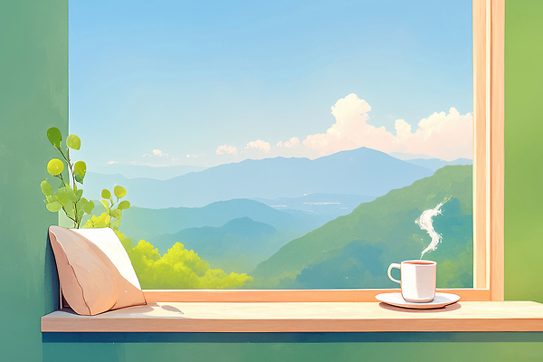 디자인 감정 음료 컨셉 침구 젖음 감각 생태계 파일형식 창문 산 하늘 커피 베개 공간 오후 풍경 자연 청명 휴식 차분 좋음 조용 따뜻함 여유 촉촉함 날씨 일러스트 국내일러스트 JPG 인테리어 편안함