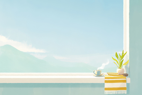 JPG 식물 일러스트 창문 자연 탁자 하늘 산 풍경 일상 컵 인테리어 수건 햇빛 주방 공간 방 차가움 편안함 오브젝트 장면 국내일러스트 식기 디자인 가구 라이프 위생용품 태양 감각 생태계 파일형식