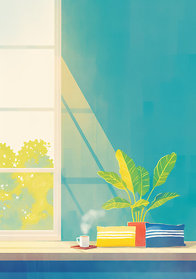 주간 식물 식기 디자인 음료 컬러 가구 내부 라이프 태양 감각 생태계 파일형식 창문 방 탁자 컵 햇빛 나무 실내 초록색 파란색 아침 따뜻함 일상 커피 자연 조명 일러스트 국내일러스트 JPG 공간 인테리어 편안함