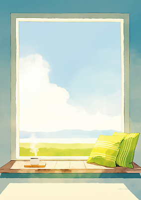 JPG 창 여유 쿠션 일러스트 창문 자연 하늘 바람 따뜻함 앉기 풍경 초원 일상 라이프 컵 인테리어 공간 마시기 편안함 창가 국내일러스트 AI일러스트 AI콘텐츠 자연요소 식기 디자인 감정 무기 모션 날씨 생활 감각 생태계 파일형식