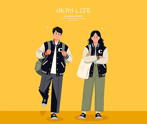 학생 라이프스타일 잡화 대학생 컬러 컨셉 학교 관계 모션 풍경 내부 감각 파일형식 벡터 탑뷰 대학교 생활 노란색 옷 걷기 커플 친구 표현 가방 편안함 분위기 디자인 세대 전경 실내 AI파일 일러스트 국내일러스트 캠퍼스라이프 대학생라이프 신입생