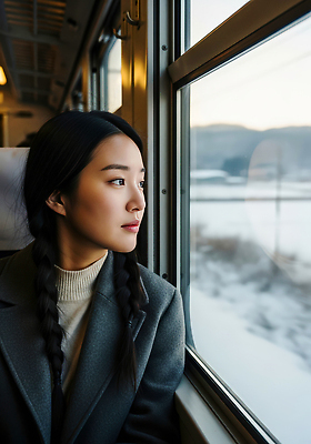 JPG 편집이미지 여자 여행 이동 생각 겨울 창문 자연 산 실내 풍경 고요 기차 관찰 기차여행 의료성형뷰티 편집실사 AI인물포토 AI콘텐츠 계절 육상교통 컨셉 모션 대중교통 사람 내부 CG 생태계 파일형식 AI포토