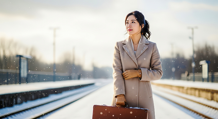 JPG 편집이미지 옷 여자 길 겨울 가방 하늘 풍경 기찻길 기차 기다림 일과 기차역 의료성형뷰티 편집실사 AI인물포토 AI콘텐츠 잡화 계절 육상교통 모션 대중교통 사람 역 CG 파일형식 AI포토