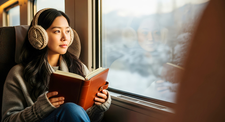 JPG 편집이미지 여자 여행 이동 풍경 책 기차 시간 편안함 읽기 귀마개 즐거움 소음 창밖 의료성형뷰티 편집실사 AI인물포토 AI콘텐츠 잡화 감정 육상교통 컨셉 창문 모션 대중교통 사람 소리 감각 CG 파일형식 AI포토