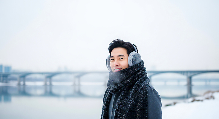 JPG 편집이미지 옷 남자 겨울 미소 풍경 물 강 헤드폰 스카프 귀마개 한강 의료성형뷰티 편집실사 AI인물포토 AI콘텐츠 자연요소 잡화 계절 음향기기 서울 표정 사람 목도리 CG 랜드마크 파일형식 AI포토