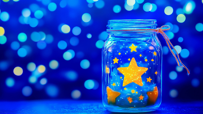 JPG 편집이미지 별 컬러 백그라운드 크리스마스 야경 유리병 조명 장식 파란색 빛 분위기 오브젝트 흔들림 이미지편집 AI컴퓨터그래픽 AI콘텐츠 자연요소 기념일 컨셉 모션 병_용기 야간 파일형식 풍경_경치