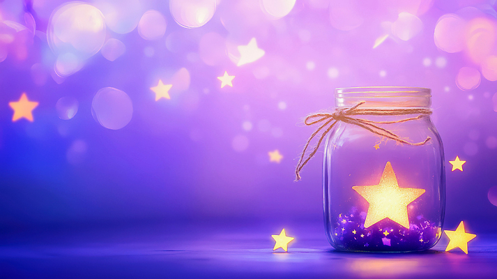 JPG 편집이미지 감정 별 백그라운드 유리병 조명 실내 장식 빛 반짝임 보라색 분위기 오브젝트 창의성 좋음 이미지편집 AI컴퓨터그래픽 AI콘텐츠 자연요소 컬러 컨셉 모션 병_용기 내부 파일형식