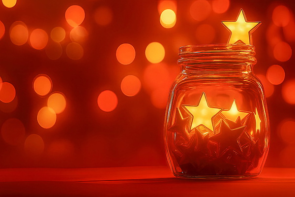 JPG 편집이미지 별 백그라운드 크리스마스 탁자 유리병 조명 따뜻함 장식 빛 축제 주황색 등불 점 이미지편집 AI컴퓨터그래픽 AI콘텐츠 자연요소 기념일 컬러 가구 병_용기 파일형식