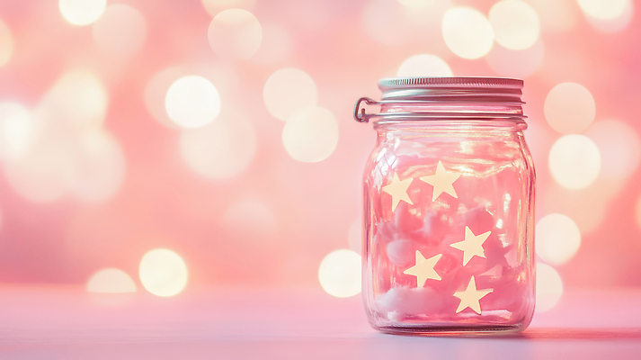 JPG 편집이미지 별 종이 분홍색 백그라운드 크리스마스 유리병 조명 장식 빛 인테리어 분위기 오브젝트 만들기 심플 이미지편집 AI컴퓨터그래픽 AI콘텐츠 자연요소 디자인 기념일 컬러 컨셉 모션 병_용기 파일형식