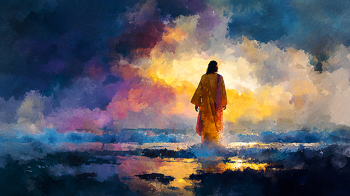 JPG 실루엣 여유 물결 바다 컬러 일러스트 자연 하늘 사람 풍경 평화 일몰 예수 저녁 조용 풍랑 수평선 국내일러스트 AI일러스트 AI콘텐츠 감정 파도 컨셉 촬영기법 노을 신_종교 야간 생태계 파일형식