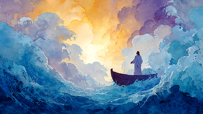 JPG 예술 파도 바다 컬러 포즈 일러스트 자연 하늘 조명 수채화 사람 풍경 물 일출 예수 수면 그림 풍랑 국내일러스트 AI일러스트 AI콘텐츠 자연요소 노을 신_종교 생태계 파일형식