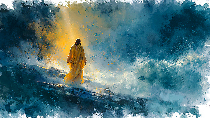 JPG 물결 예술 파도 바다 일러스트 자연 하늘 사람 풍경 빛 태양 반사 노란색 걷기 힘 대기 예수 수면 찡그림 이미지 색채 순간 풍랑 국내일러스트 AI일러스트 AI콘텐츠 자연요소 컬러 모션 표정 물 신_종교 생태계 파일형식