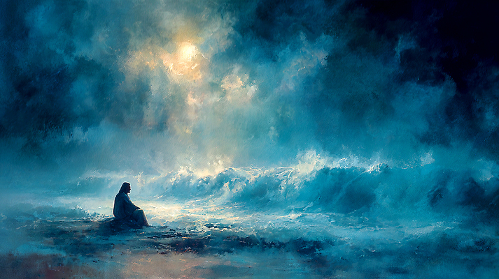 JPG 물결 파도 바다 야경 일러스트 자연 하늘 바람 사람 앉기 풍경 해변 물 고요 일몰 회색 예수 고독 저녁 조용 풍랑 국내일러스트 AI일러스트 AI콘텐츠 자연요소 감정 컬러 모션 날씨 노을 신_종교 야간 생태계 파일형식 풍경_경치