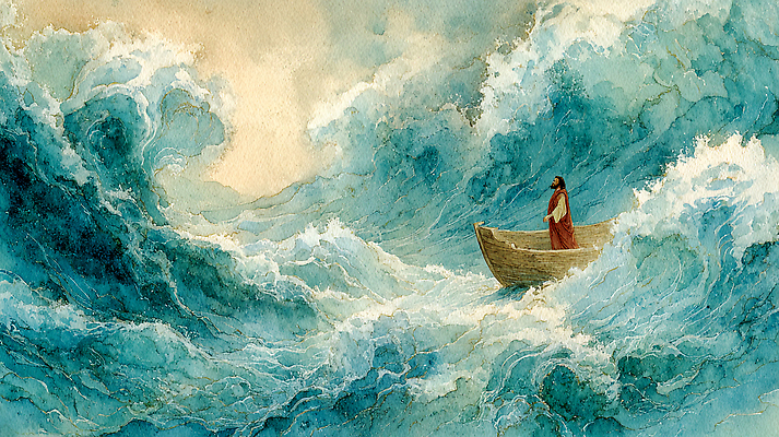 JPG 물결 예술 바다 일러스트 자연 회화 사람 풍경 물 일출 고요 도전 예수 수면 승객 나무배 풍랑 국내일러스트 AI일러스트 AI콘텐츠 자연요소 파도 배_교통 말하기 노을 신_종교 생태계 파일형식