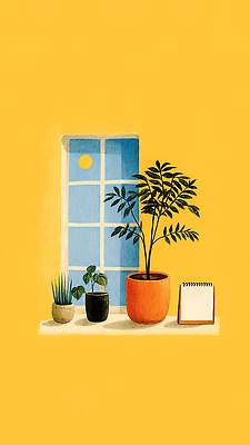 JPG 식물 화분 백그라운드 잎 일러스트 창문 자연 집안 휴식 실내 일상 장식 인테리어 햇빛 노란색 산책 메모지 창가 손질 국내일러스트 AI일러스트 AI콘텐츠 디자인 컬러 컨셉 내부 라이프 태양 사무용품 생태계 파일형식