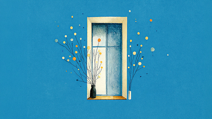 JPG 디자인 꽃 화초 예술 벽 줄기 백그라운드 일러스트 창문 스튜디오 주택 내부 장식 파란색 노란색 꽃병 공간 창가 오브젝트 장면 국내일러스트 AI일러스트 AI콘텐츠 식물 컬러 건물 파일형식