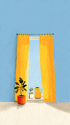 JPG 식물 디자인 화분 일러스트 창문 주전자 아침 주택 실내 일상 생활 장식 인테리어 노란색 주방 정원 공간 커튼 창가 평면도 국내일러스트 AI일러스트 AI콘텐츠 주간 컬러 주방용품 내부 건물 라이프 그림 파일형식