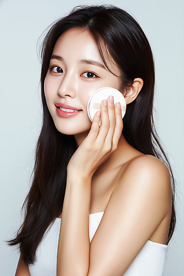 JPG 편집이미지 여자 얼굴 관리 청춘 뷰티 청결 화장품 거울 촉촉함 자신감 피부 스킨케어 화장솜 의료성형뷰티 편집실사 AI인물포토 AI콘텐츠 감정 컨셉 사람 신체부위 젖음 화장용품 위생 CG 파일형식 AI포토