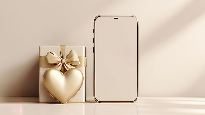 JPG 편집이미지 디자인 백그라운드 탁자 조명 선물 일상 장식 스마트폰 금색 하트 오브젝트 단순화된 목업 이미지편집 AI컴퓨터그래픽 AI콘텐츠 모양 컬러 가구 라이프 핸드폰 스마트기기 파일형식