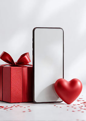 JPG 편집이미지 기념일 리본 백그라운드 탁자 선물 사랑 장식 빨간색 스마트폰 상자 흰색 하트 발표 프레젠테이션 오브젝트 목업 이미지편집 AI컴퓨터그래픽 AI콘텐츠 모양 감정 컬러 가구 이벤트 핸드폰 스마트기기 파일형식
