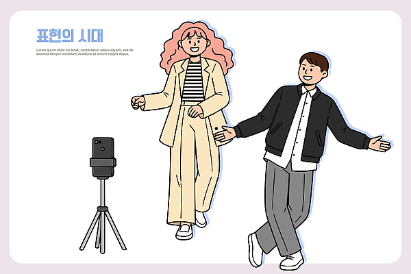 여자 남자 포즈 일러스트 모션 여러명 일상 친구 카메라 촬영 기계 다양 무대 춤 즐거움 장면 MZ세대 국내일러스트 AI파일 감정 다수 관계 문화예술 사람 라이프 전자제품 세대 파일형식 벡터