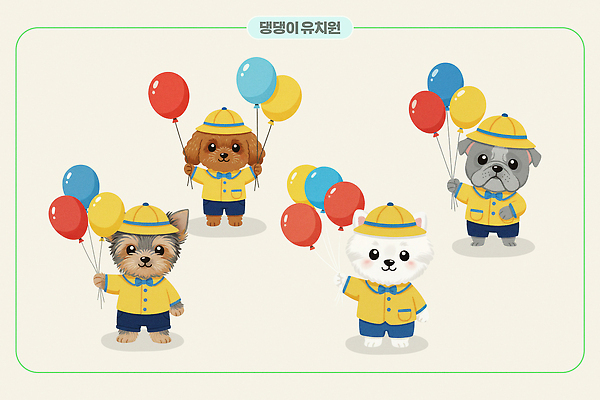 옷 교육 감정 컬러 컨셉 포유류 관계 사람 반려동물 개 테리어 파일형식 동물 풍선 귀여움 놀이 유치원 행복 친구 모임 표정 설렘 캐릭터 아기 동물원 파란색 노란색 고양이 강아지 PSD 일러스트 국내일러스트 푸들 요크셔테리어 불독 말티즈 유치원복 애견유치원