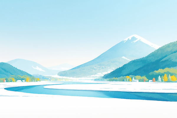 JPG 나무 겨울 일러스트 자연 날씨 산 거리 풍경 강 계곡 흐름 대기 조경 장면 뷰티풀 평면 국내일러스트 AI일러스트 AI콘텐츠 식물 계절 컨셉 생태계 파일형식