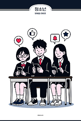 학생 일러스트 교실 청소년 모바일 기술 표정 스마트라이프 대화 미소 친구 스마트폰 학습 자료 정보 대기 질문 집중 소통 반응 소셜미디어 국내일러스트 AI파일 라이프스타일 교육 컨셉 학교 관계 말하기 사람 핸드폰 스마트기기 파일형식 벡터