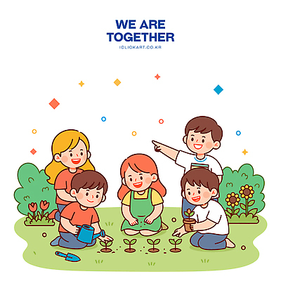 식물 손 교육 어린이 포즈 일러스트 모션 자연 놀이 함께함 씨앗 웃음 야외 물 환경 정원 흙 즐거움 도와주기 심기 창의력 국내일러스트 AI파일 자연요소 감정 컨셉 표정 사람 신체부위 생태계 파일형식 벡터