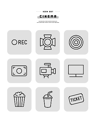 회사 문화예술 전자제품 파일형식 벡터 영화 티켓 팝콘 음료 스크린 카메라 녹화 소비 관람 디자인 기획사 그림 AI파일 일러스트 국내일러스트