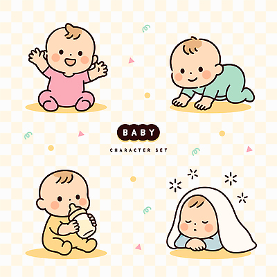 캐릭터 어린이 컬러 일러스트 가족 모션 놀이 바닥 웃음 귀여움 아기 젖병 담요 연령 즐거움 기어가기 일러캐릭터 AI파일 감정 컨셉 관계 표정 사람 아기용품 파일형식 벡터