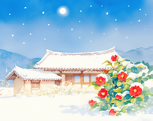 JPG 식물 전통 크리스마스 겨울 일러스트 자연 하늘 산 한옥 주택 한국 풍경 정원 골짜기 달 기와지붕 동백 뷰티풀 쌓인눈 국내일러스트 AI일러스트 AI콘텐츠 자연요소 한국전통 계절 기념일 꽃 아시아 고건축 지붕 기와 건물 생태계 파일형식