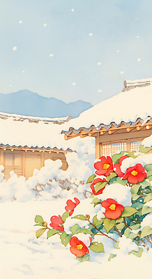 식물 한국전통 계절 꽃 아시아 컨셉 고건축 지붕 기와 건물 생태계 파일형식 겨울 주택 풍경 산 자연 환경 정원 한국 전통 평화 조용 컬러 잎 날씨 일러스트 국내일러스트 JPG 한옥 기와지붕 동백