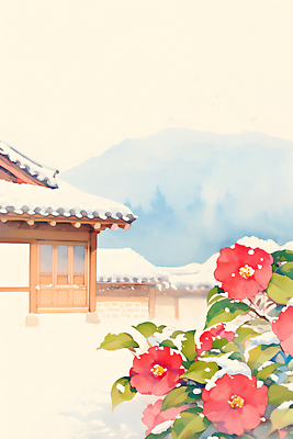 JPG 꽃 컬러 잎 겨울 일러스트 자연 날씨 산 한옥 주택 한국 풍경 환경 정원 조경 기와지붕 동백 기온 뷰티풀 전통집 고택 국내일러스트 AI일러스트 AI콘텐츠 식물 한국전통 건축물 계절 아시아 고건축 지붕 기와 건물 생태계 파일형식