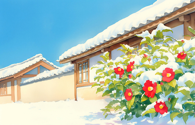 JPG 식물 전통 컬러 겨울 일러스트 자연 하늘 날씨 한옥 주택 풍경 야외 환경 정원 조경 기와지붕 수선화 동백 뷰티풀 자태 국내일러스트 AI일러스트 AI콘텐츠 한국전통 계절 꽃 고건축 지붕 기와 건물 생태계 파일형식