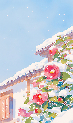 JPG 나무 식물 계절 꽃 예술 잎 겨울 일러스트 자연 하늘 지붕 날씨 한옥 주택 풍경 눈송이 장면 기와지붕 동백 색감 국내일러스트 AI일러스트 AI콘텐츠 한국전통 고건축 눈_날씨 기와 건물 생태계 파일형식